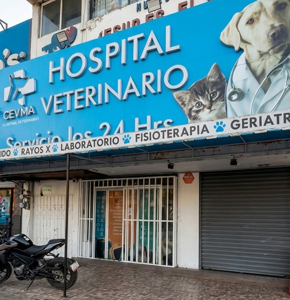 Fachada principal del Hospital Veterinario CEVMA en Tlalnepantla, mostrando el letrero oficial con servicio de urgencias veterinarias las 24 horas.